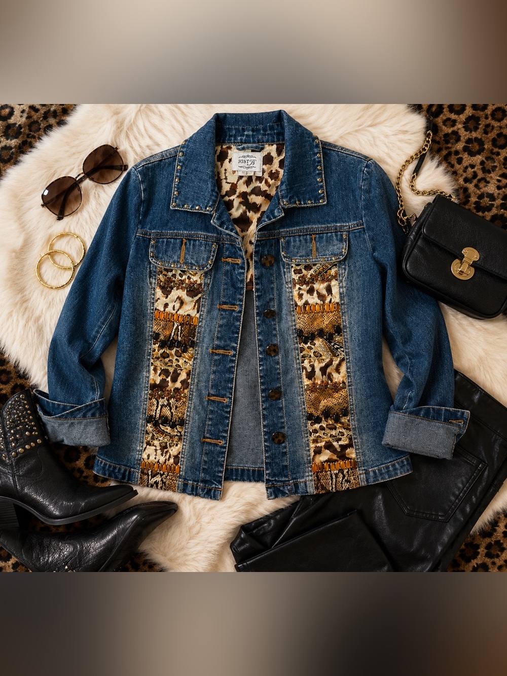 Just Be Embellished Denim Jacket Leopard Animal Print Beaded Y2K Western